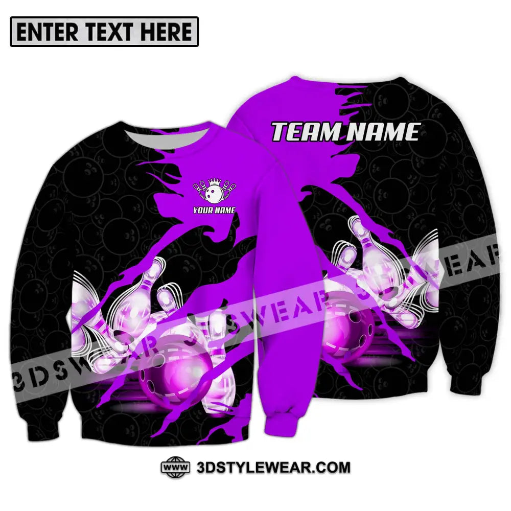 Unisex Shirt - Custom Name And Team Sport Bowling Purple Ball Long Sleeve / S T-Shirt