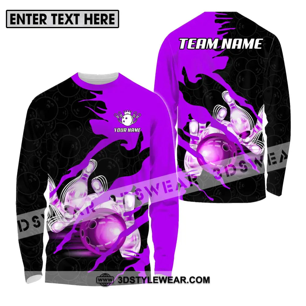 Unisex Shirt - Custom Name And Team Sport Bowling Purple Ball Long Sleeve / S T-Shirt