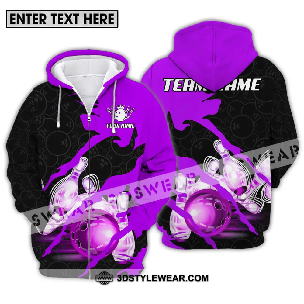 Unisex Shirt - Custom Name And Team Sport Bowling Purple Ball Zipper Hoodie / S T-Shirt