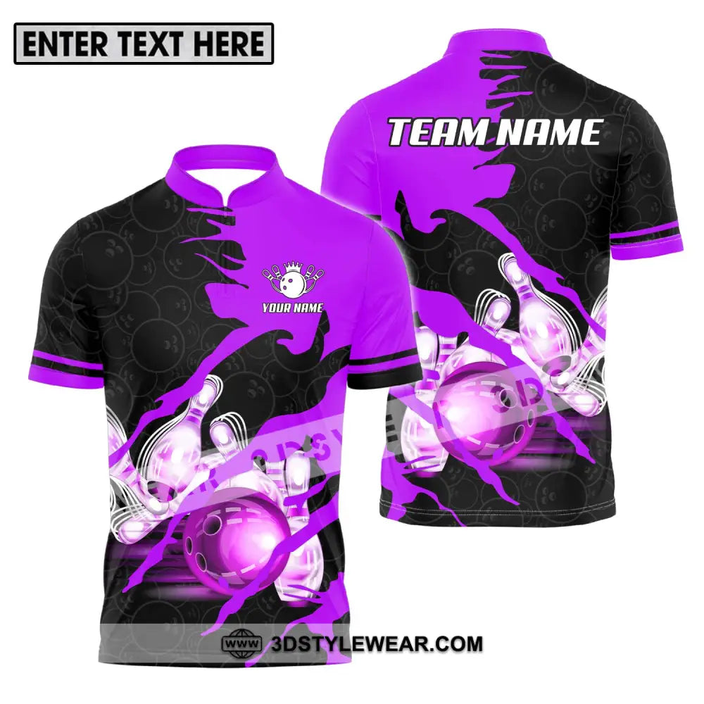 Unisex Shirt - Custom Name And Team Sport Bowling Purple Ball Zipper Polo / S T-Shirt