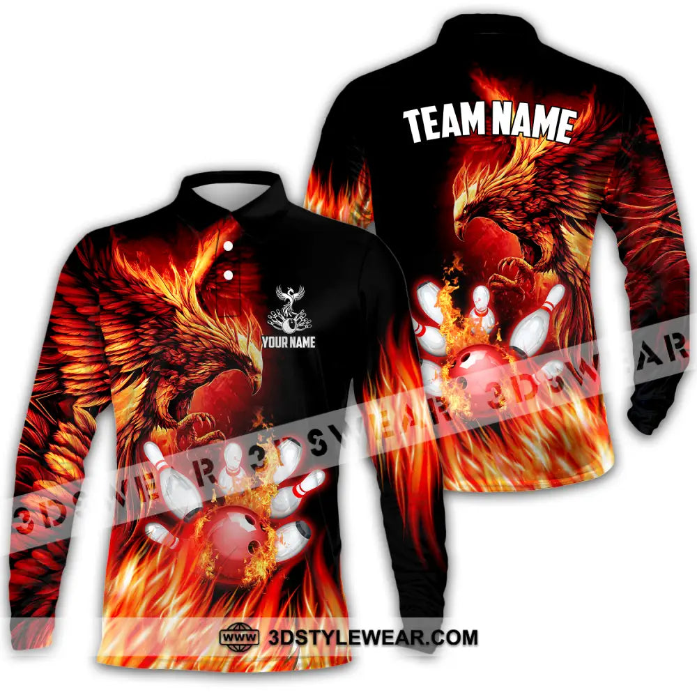 Unisex Shirt - Custom Name And Team Sport Fire Eagle Bowling Long Sleeve Polo / S T-Shirt