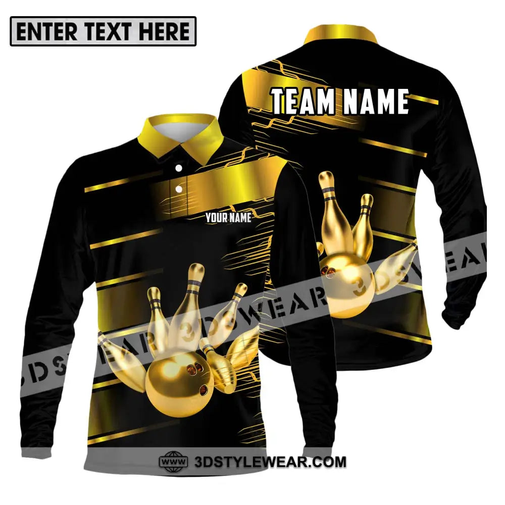 Unisex Shirt - Custom Name And Team Sport Gold Bowling Ball Pins Long Sleeve Polo / S T-Shirt