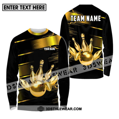 Unisex Shirt - Custom Name And Team Sport Gold Bowling Ball Pins Long Sleeve / S T-Shirt