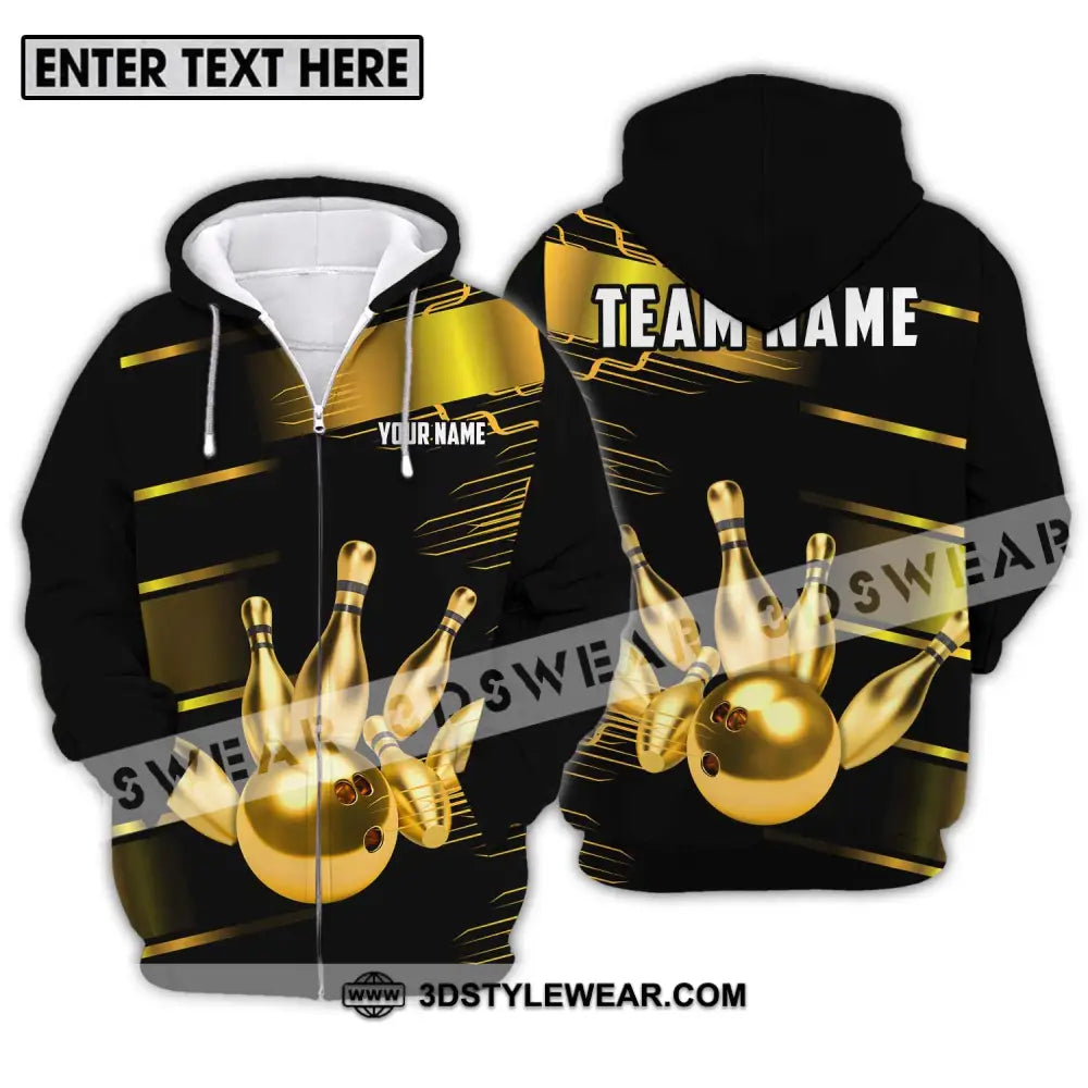 Unisex Shirt - Custom Name And Team Sport Gold Bowling Ball Pins Zipper Hoodie / S T-Shirt