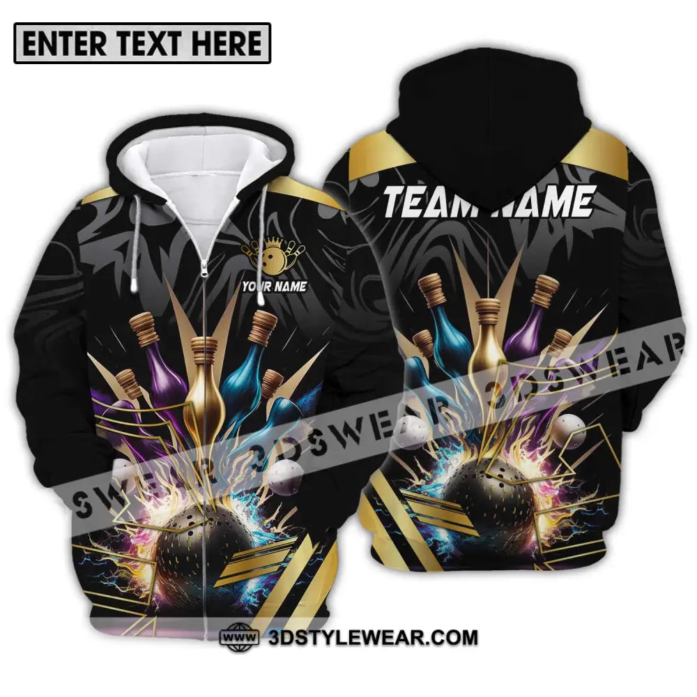 Unisex Shirt - Custom Name And Team Sport Golden Color Bowling Zipper Hoodie / S T-Shirt