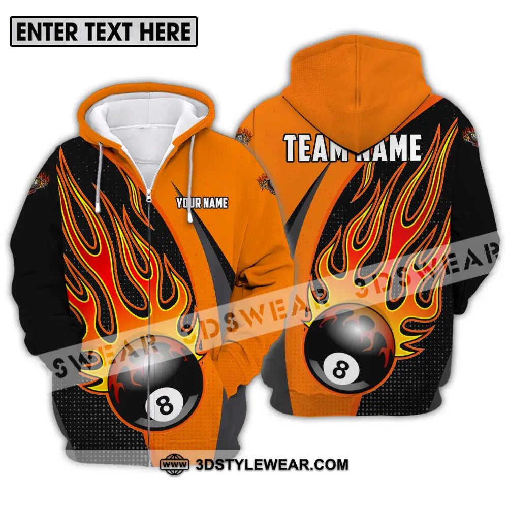 Unisex Shirt - Custom Name And Team Sport Orange Billiard Zipper Hoodie / S T-Shirt