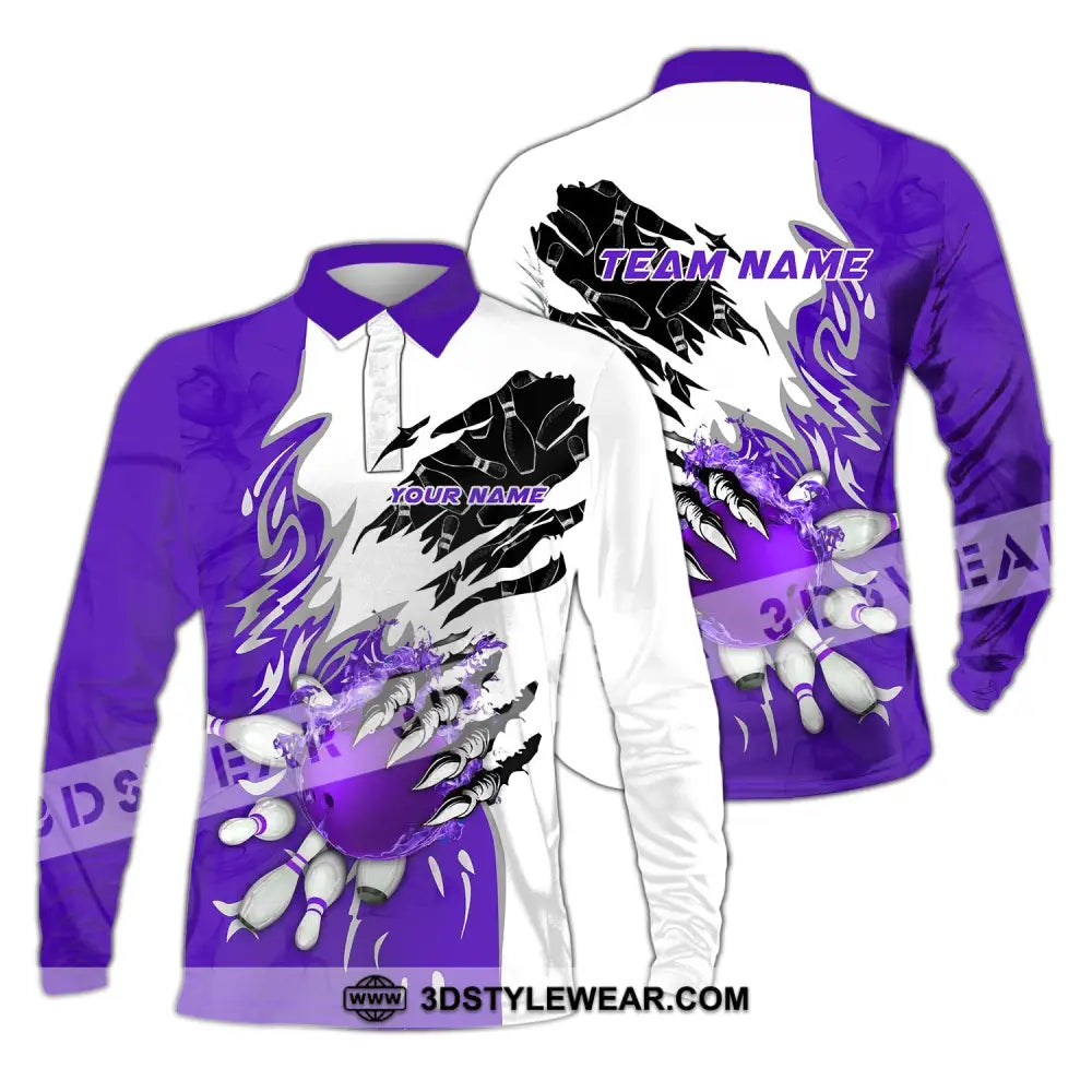 Unisex Shirt - Custom Name And Team Sport Purple Bowling Long Sleeve Polo / S T-Shirt