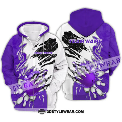 Unisex Shirt - Custom Name And Team Sport Purple Bowling Zipper Hoodie / S T-Shirt