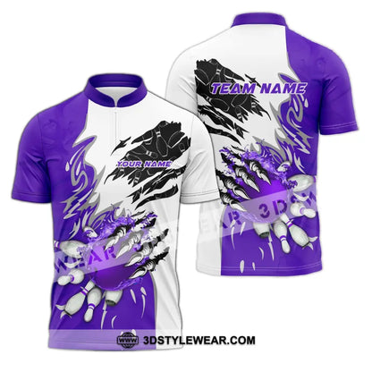 Unisex Shirt - Custom Name And Team Sport Purple Bowling Zipper Polo / S T-Shirt