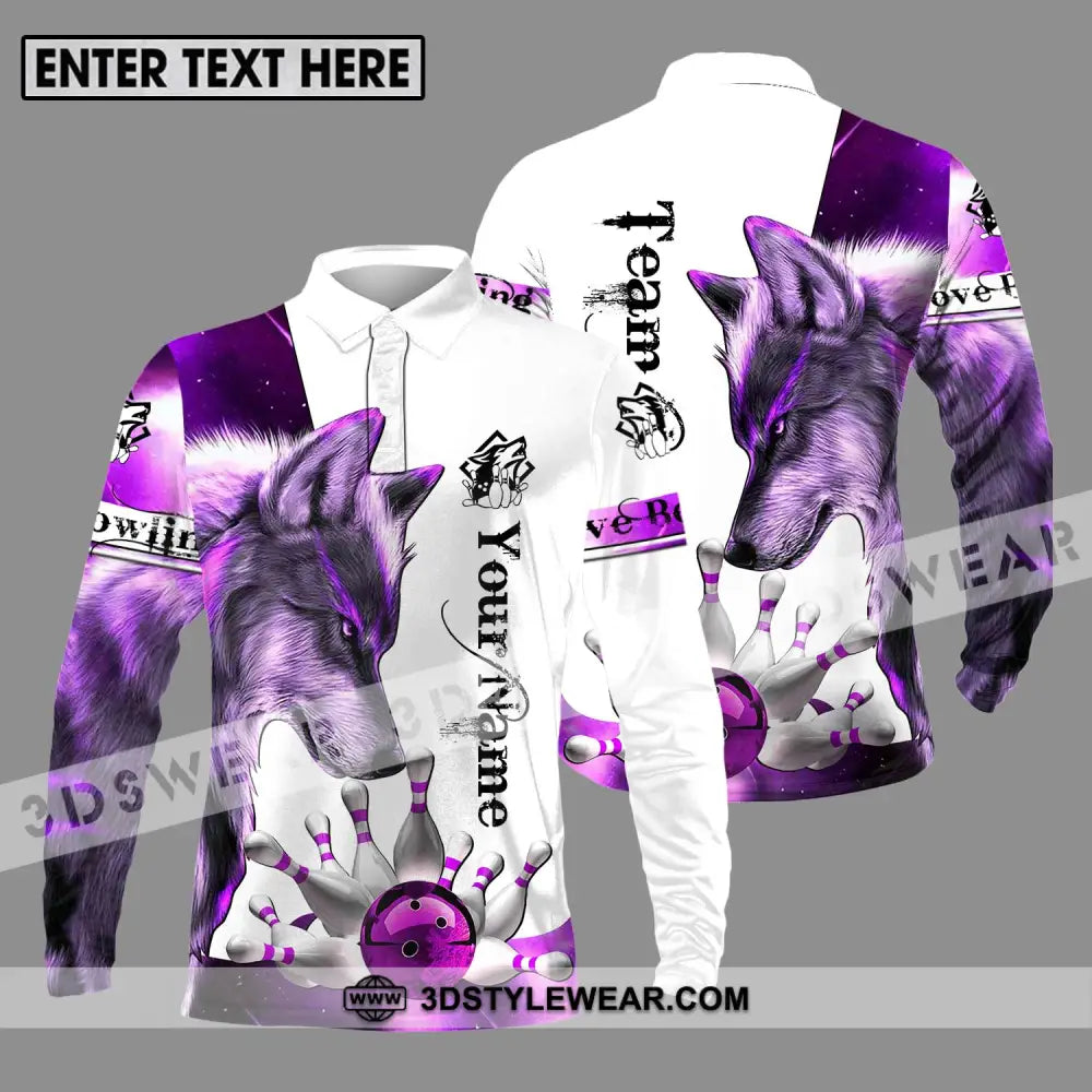 Unisex Shirt - Custom Name And Team Sport Purple Wolf Bowling Long Sleeve Polo / S T-Shirt