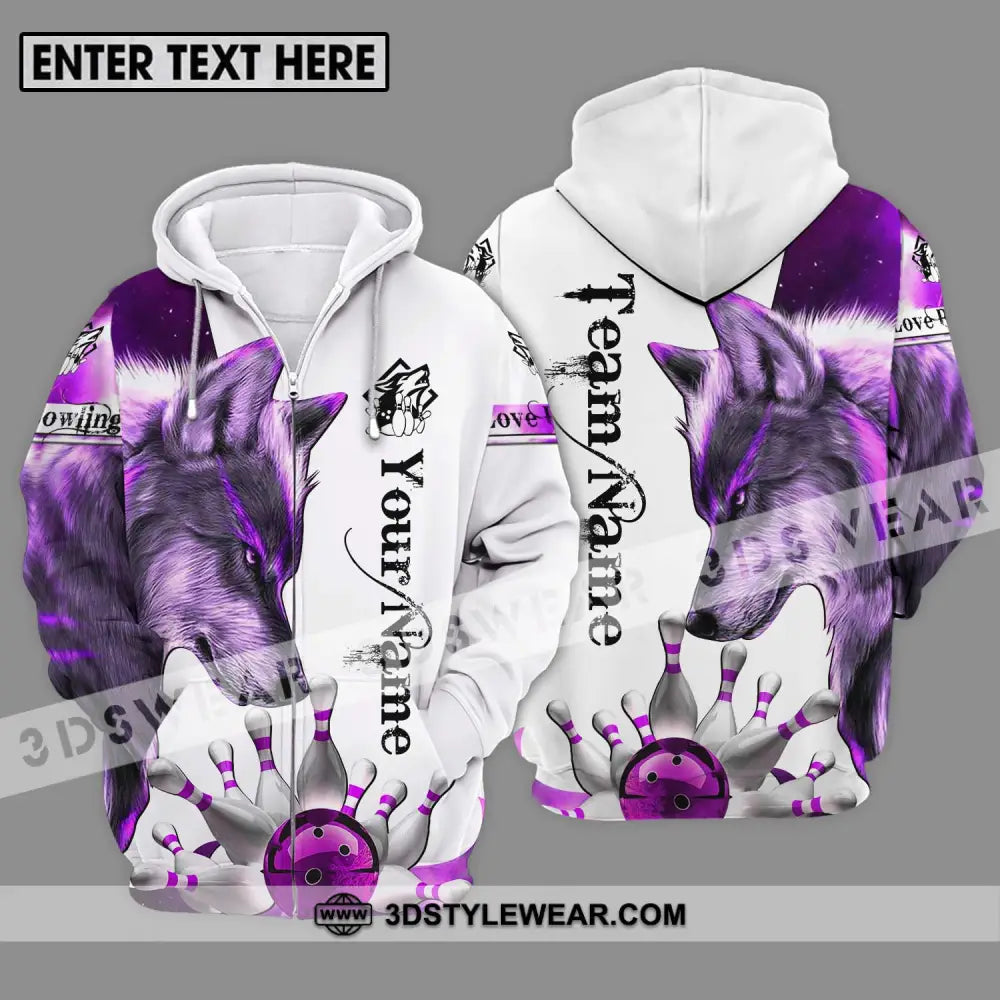 Unisex Shirt - Custom Name And Team Sport Purple Wolf Bowling Zipper Hoodie / S T-Shirt