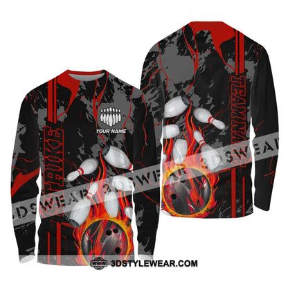 Unisex Shirt - Custom Name And Team Strike Fire Bowling Ball Player Long Sleeve / S T-Shirt