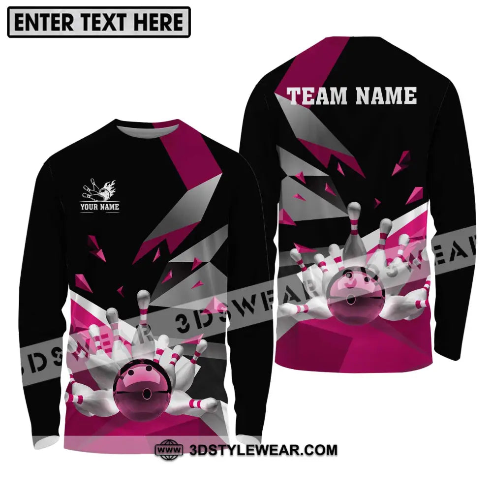 Unisex Shirt - Custom Name And Team White Bowling Pins Pink Long Sleeve / S T-Shirt