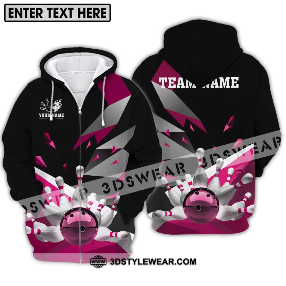 Unisex Shirt - Custom Name And Team White Bowling Pins Pink Zipper Hoodie / S T-Shirt