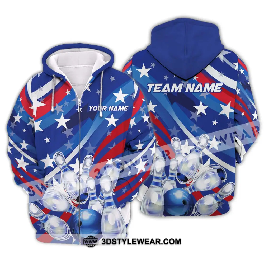 Unisex Shirt - Custom Name And Team White Stars Bowling Flag Zipper Hoodie / S T-Shirt