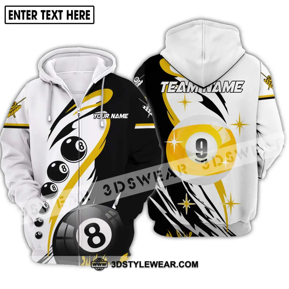 Unisex Shirt - Custom Name And Team Yellow Black White Billiard Zipper Hoodie / S T-Shirt