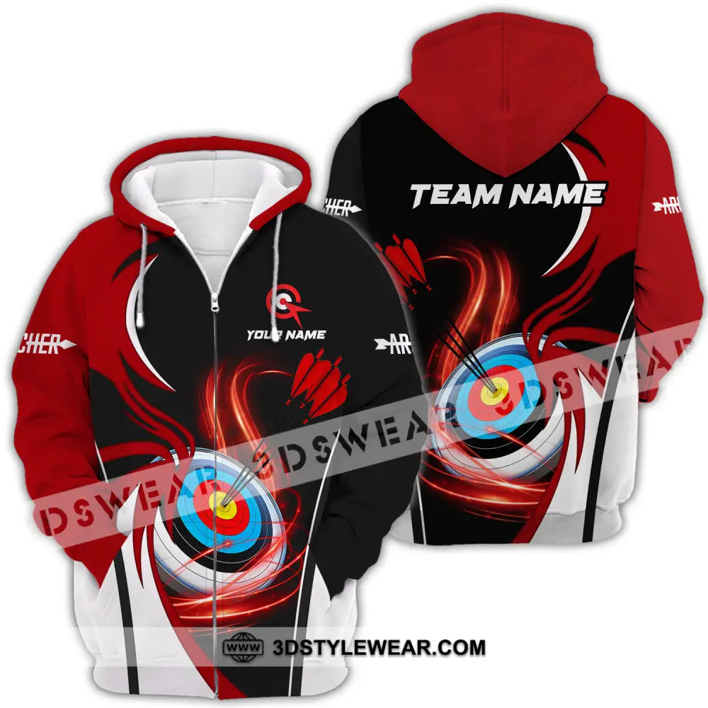 Unisex Shirt - Custom Name Archery Sport Red Wave Zipper Hoodie / S T-Shirt