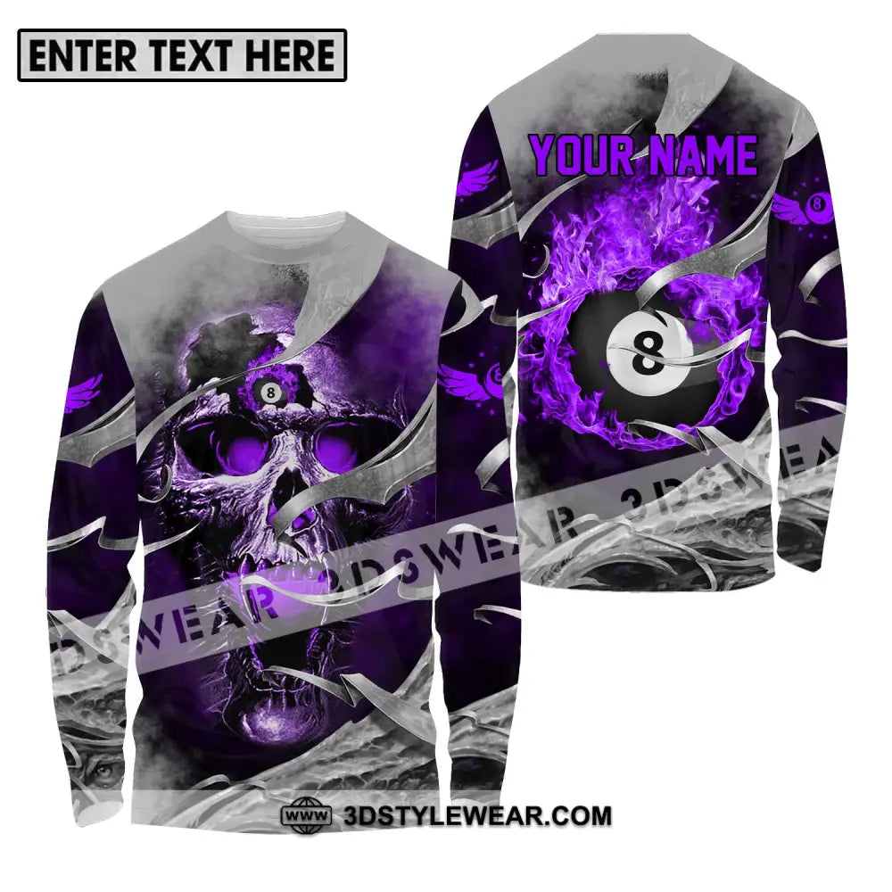 Unisex Shirt - Custom Name Billiards Purple Skull Long Sleeve / S T-Shirt