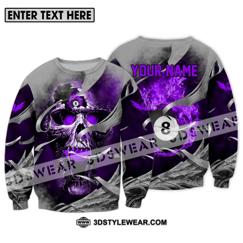 Unisex Shirt - Custom Name Billiards Purple Skull Long Sleeve / S T-Shirt