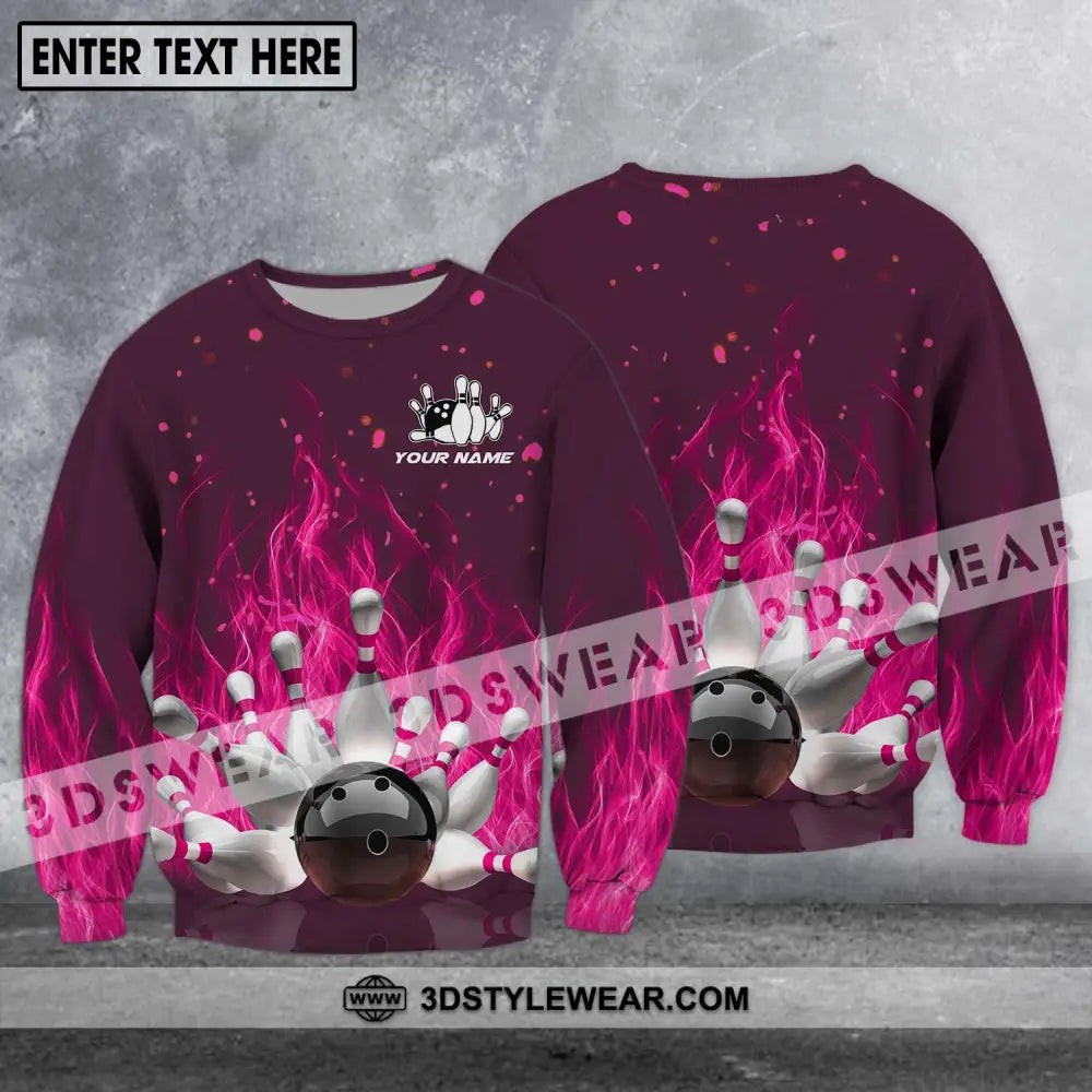 Unisex Shirt - Custom Name Bowling Ball Hot Pink Fire Long Sleeve / S T-Shirt