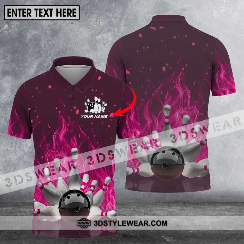 Unisex Shirt - Custom Name Bowling Ball Hot Pink Fire Polo / S T-Shirt