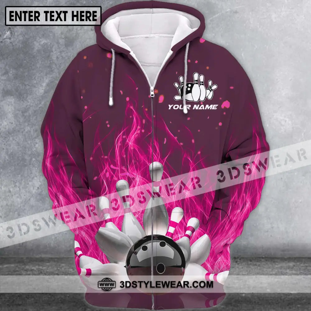 Unisex Shirt - Custom Name Bowling Ball Hot Pink Fire Zipper Hoodie / S T-Shirt