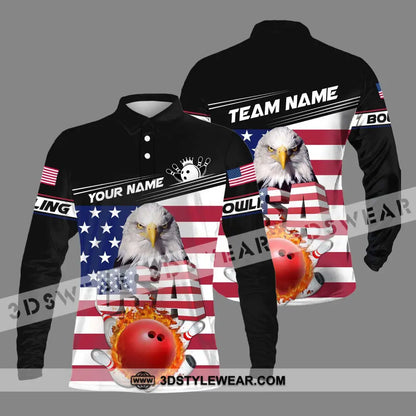 Unisex Shirt - Custom Name Bowling Lover America Flag Long Sleeve Polo / S T-Shirt