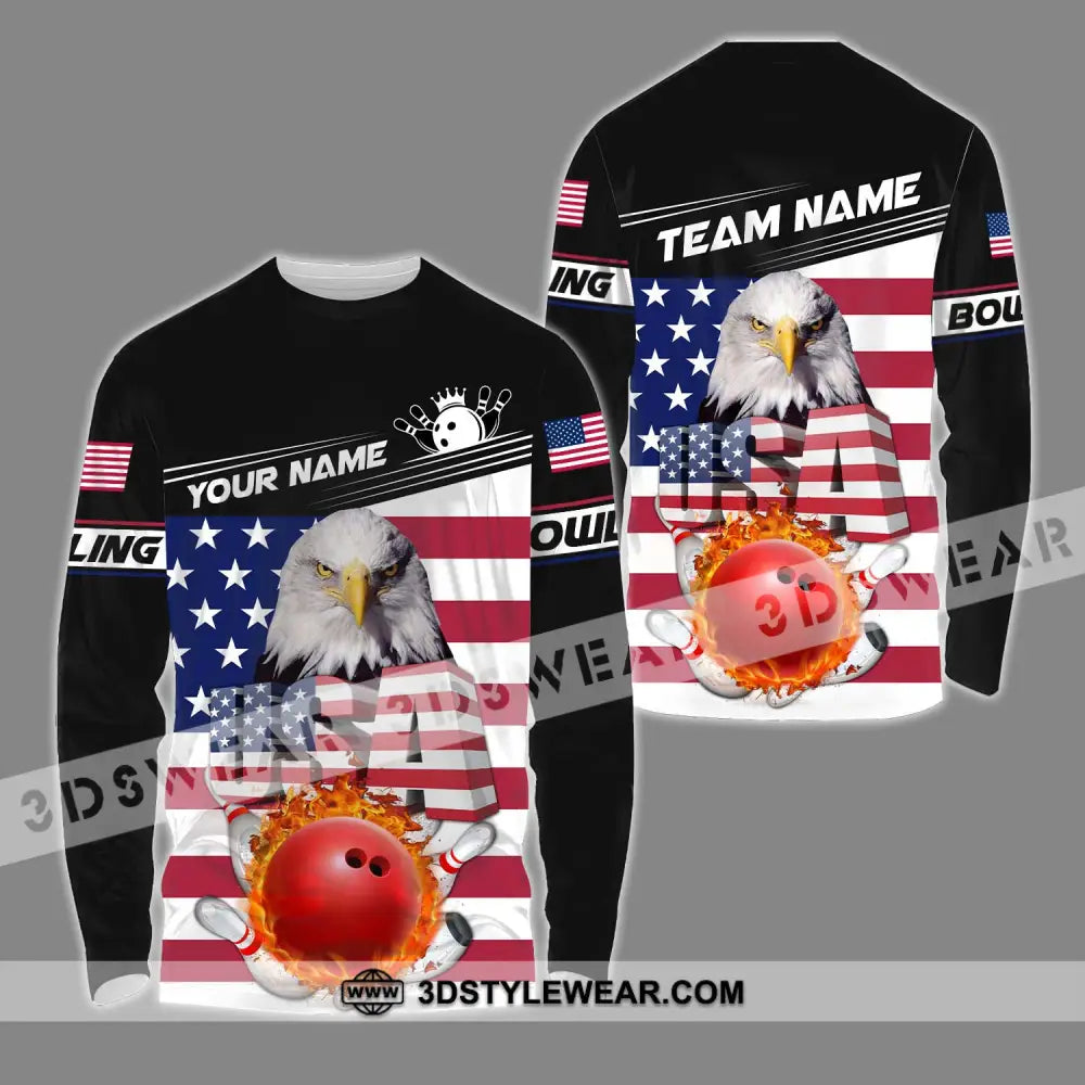 Unisex Shirt - Custom Name Bowling Lover America Flag Long Sleeve / S T-Shirt