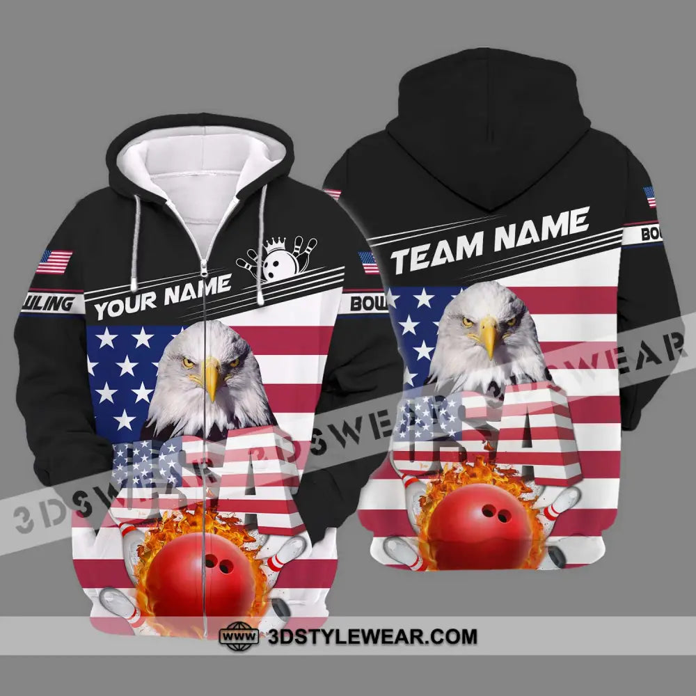 Unisex Shirt - Custom Name Bowling Lover America Flag Zipper Hoodie / S T-Shirt