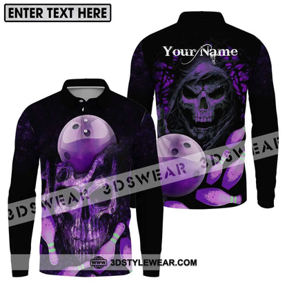 Unisex Shirt - Custom Name Bowling Purple Skull Long Sleeve Polo / S T-Shirt