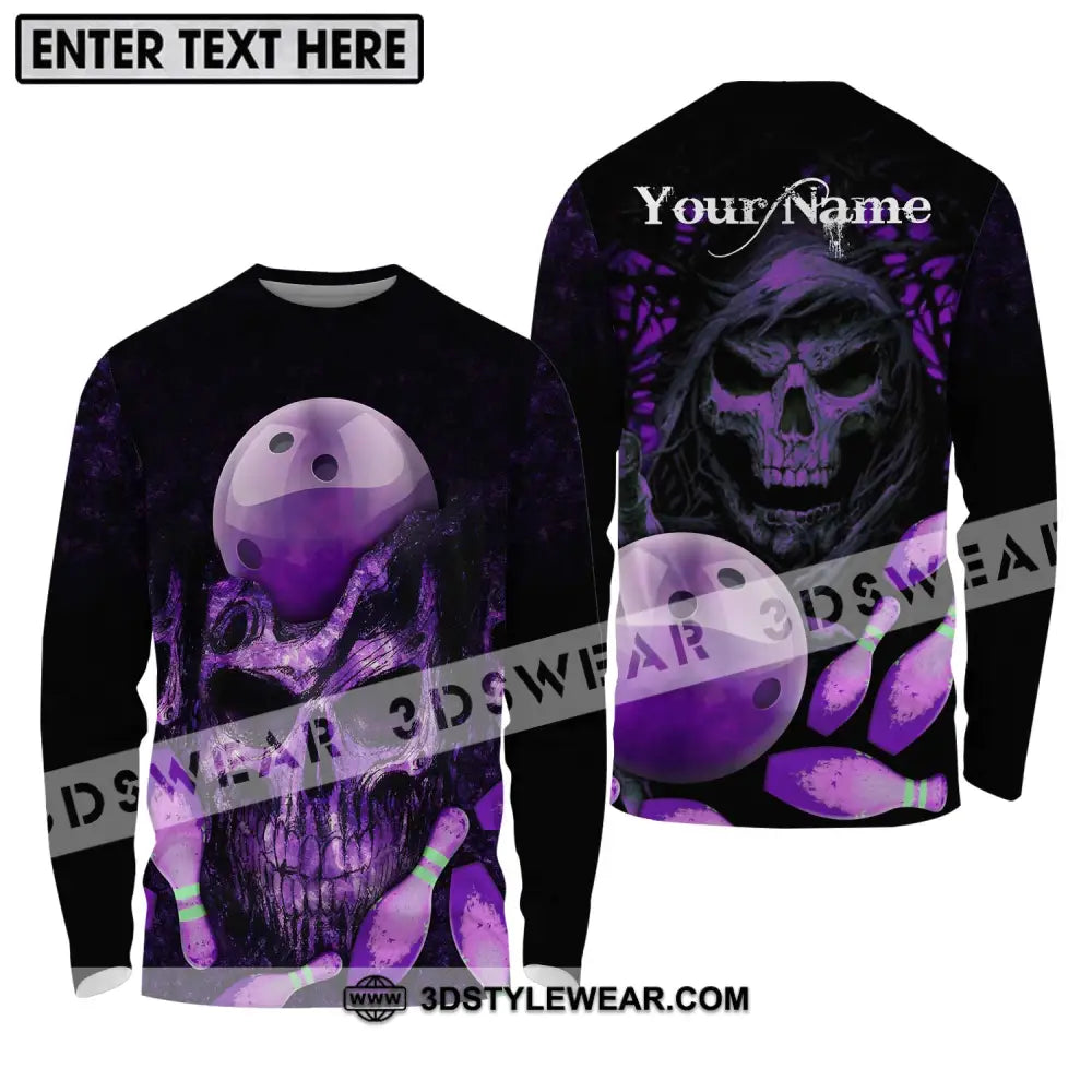 Unisex Shirt - Custom Name Bowling Purple Skull Long Sleeve / S T-Shirt