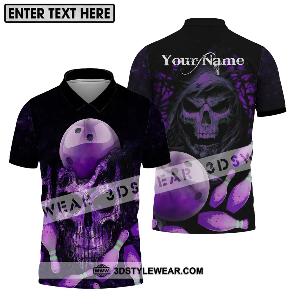 Unisex Shirt - Custom Name Bowling Purple Skull Polo / S T-Shirt