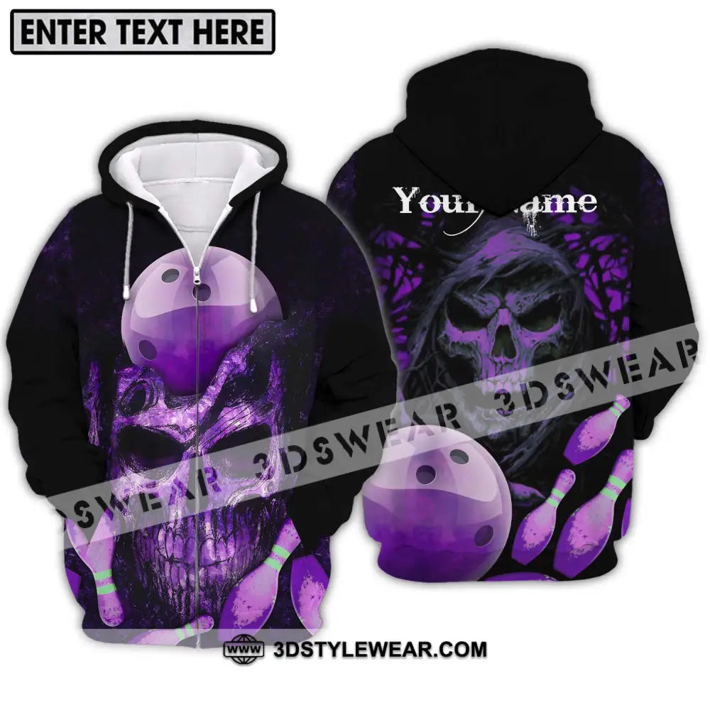 Unisex Shirt - Custom Name Bowling Purple Skull Zipper Hoodie / S T-Shirt