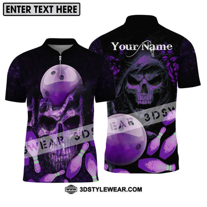 Unisex Shirt - Custom Name Bowling Purple Skull Zipper Polo / S T-Shirt