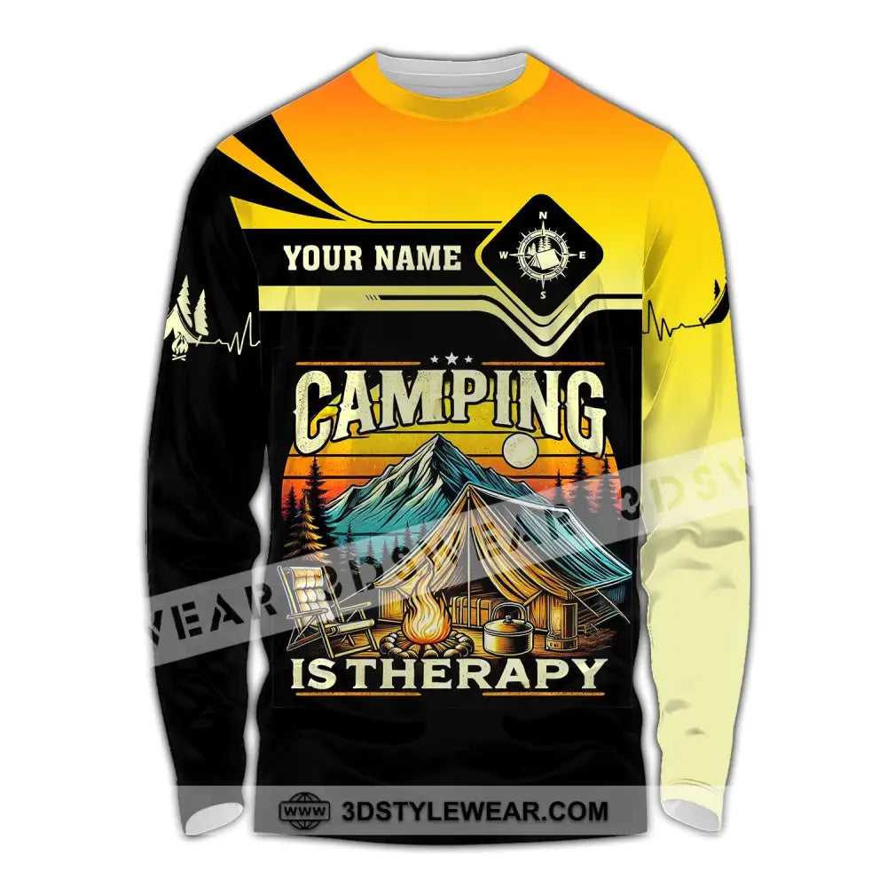 Unisex Shirt Custom Name Camping Is Therapy Hoodie Polo Long Sleeve / S T-Shirt