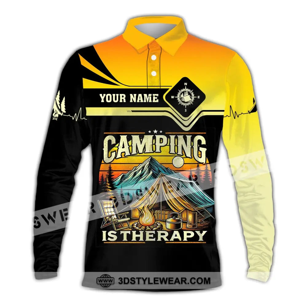 Unisex Shirt Custom Name Camping Is Therapy Hoodie Polo Long Sleeve / S T-Shirt