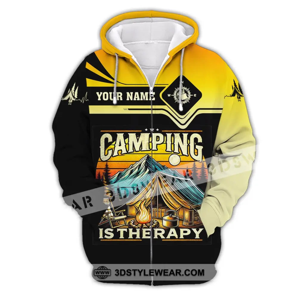 Unisex Shirt Custom Name Camping Is Therapy Hoodie Polo Zipper / S T-Shirt