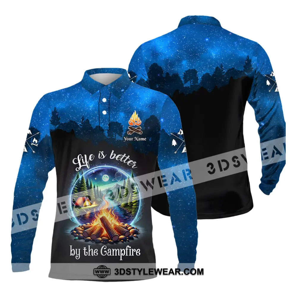 Unisex Shirt Custom Name Camping Polo Long Sleeve Campfire T-Shirt / S T-Shirt