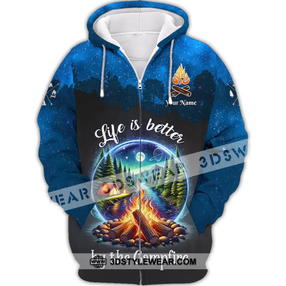Unisex Shirt Custom Name Camping Polo Long Sleeve Campfire T-Shirt Zipper Hoodie / S T-Shirt