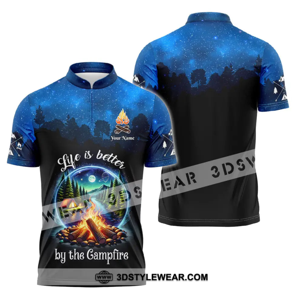 Unisex Shirt Custom Name Camping Polo Long Sleeve Campfire T-Shirt Zipper / S T-Shirt