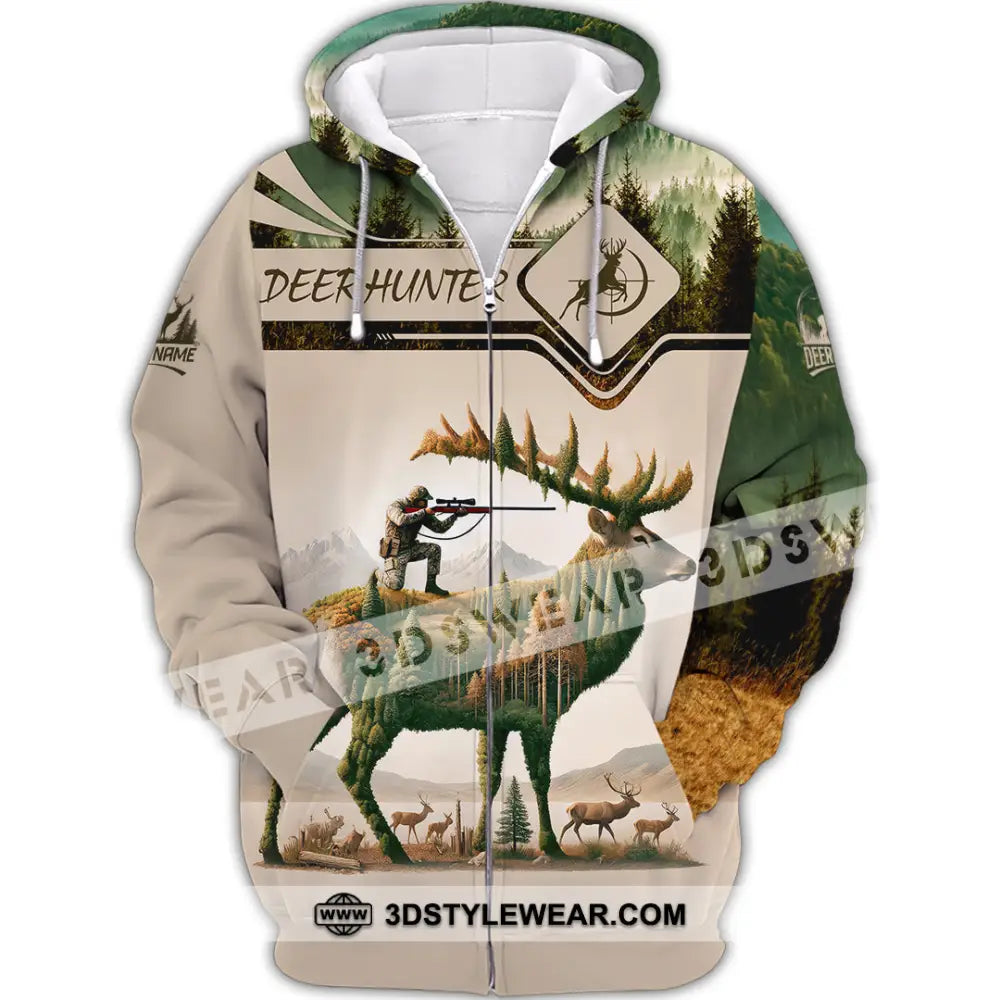 Unisex Shirt Custom Name Deer Hunter Hunting Polo Long Sleeve Animal T-Shirt Zipper Hoodie / S