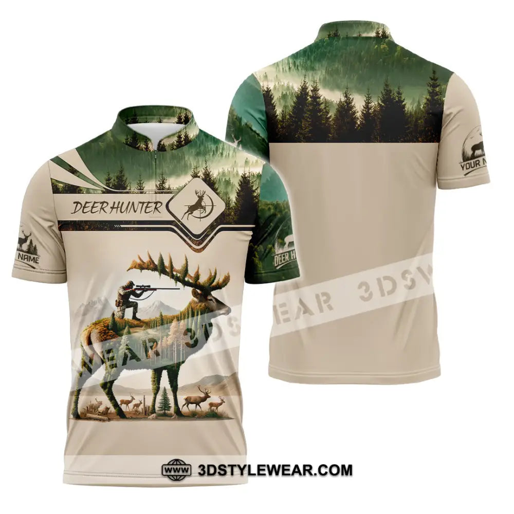 Unisex Shirt Custom Name Deer Hunter Hunting Polo Long Sleeve Animal T-Shirt Zipper / S T-Shirt