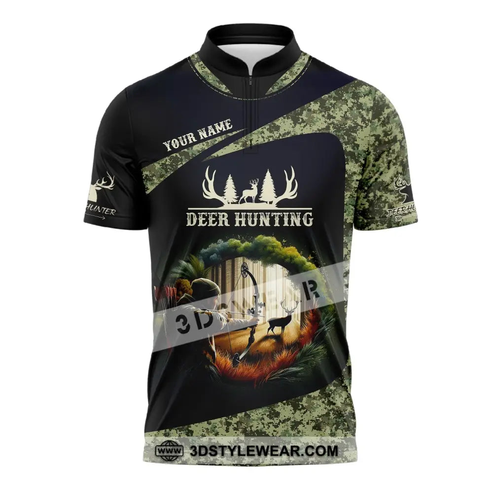 Unisex Shirt Custom Name Deer Hunter Hunting Polo Long Sleeve Animal T-Shirt Zipper / S