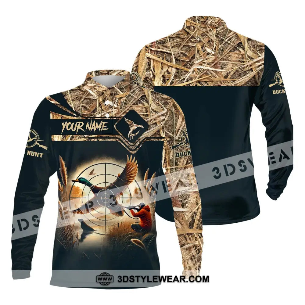 Unisex Shirt Custom Name Duck Hunter Hunting Polo Long Sleeve Animal T-Shirt / S T-Shirt