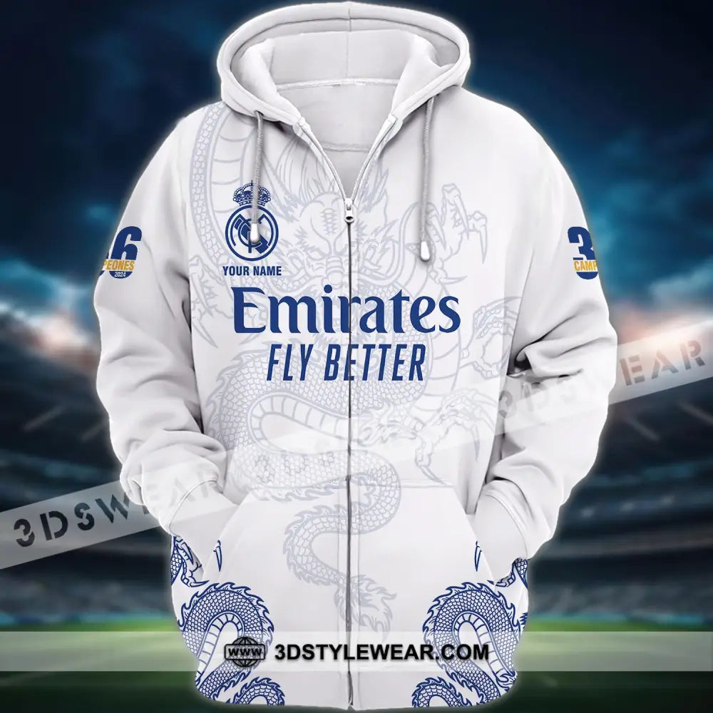 Unisex Shirt - Custom Name Emirates Fly Better Los Blancos Champions Laliga Zipper Hoodie / S