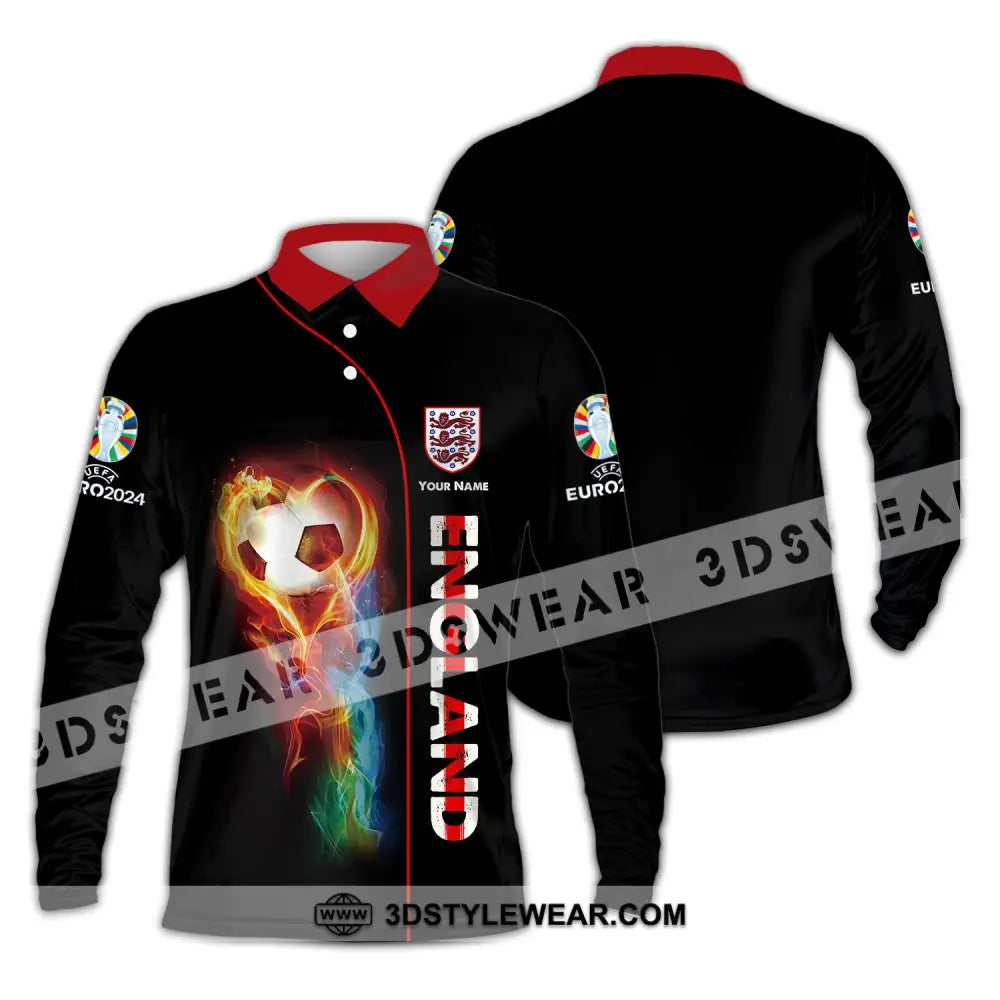 Unisex Shirt - Custom Name England Fire Ball Black Long Sleeve Polo / S T-Shirt