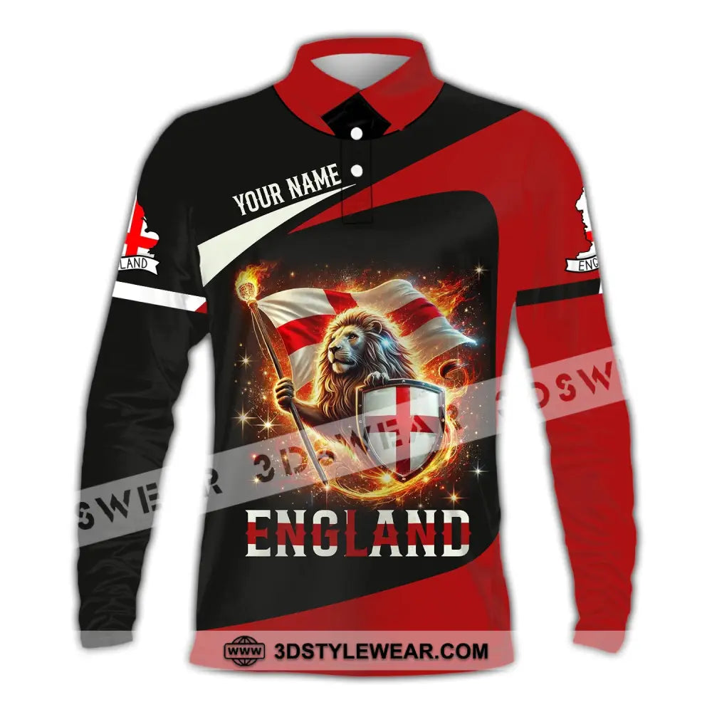 Unisex Shirt - Custom Name England Fire Lion Long Sleeve Polo / S T-Shirt