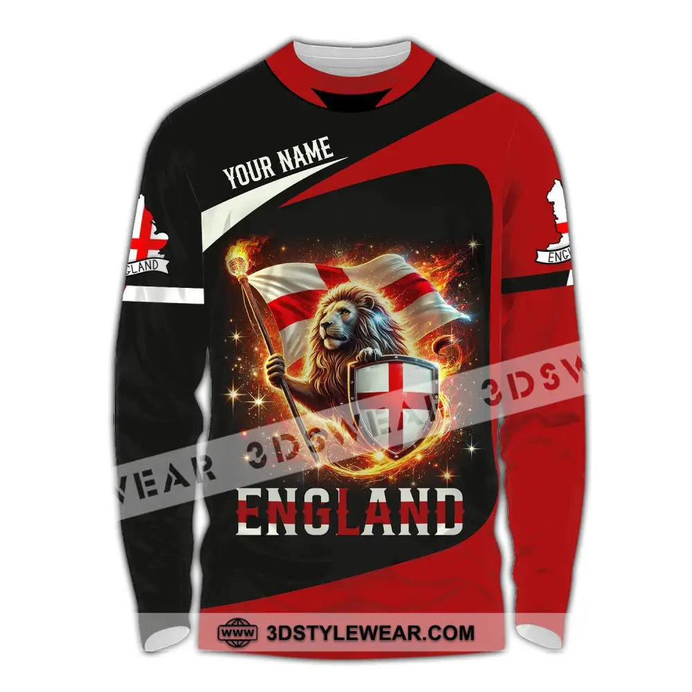 Unisex Shirt - Custom Name England Fire Lion Long Sleeve / S T-Shirt