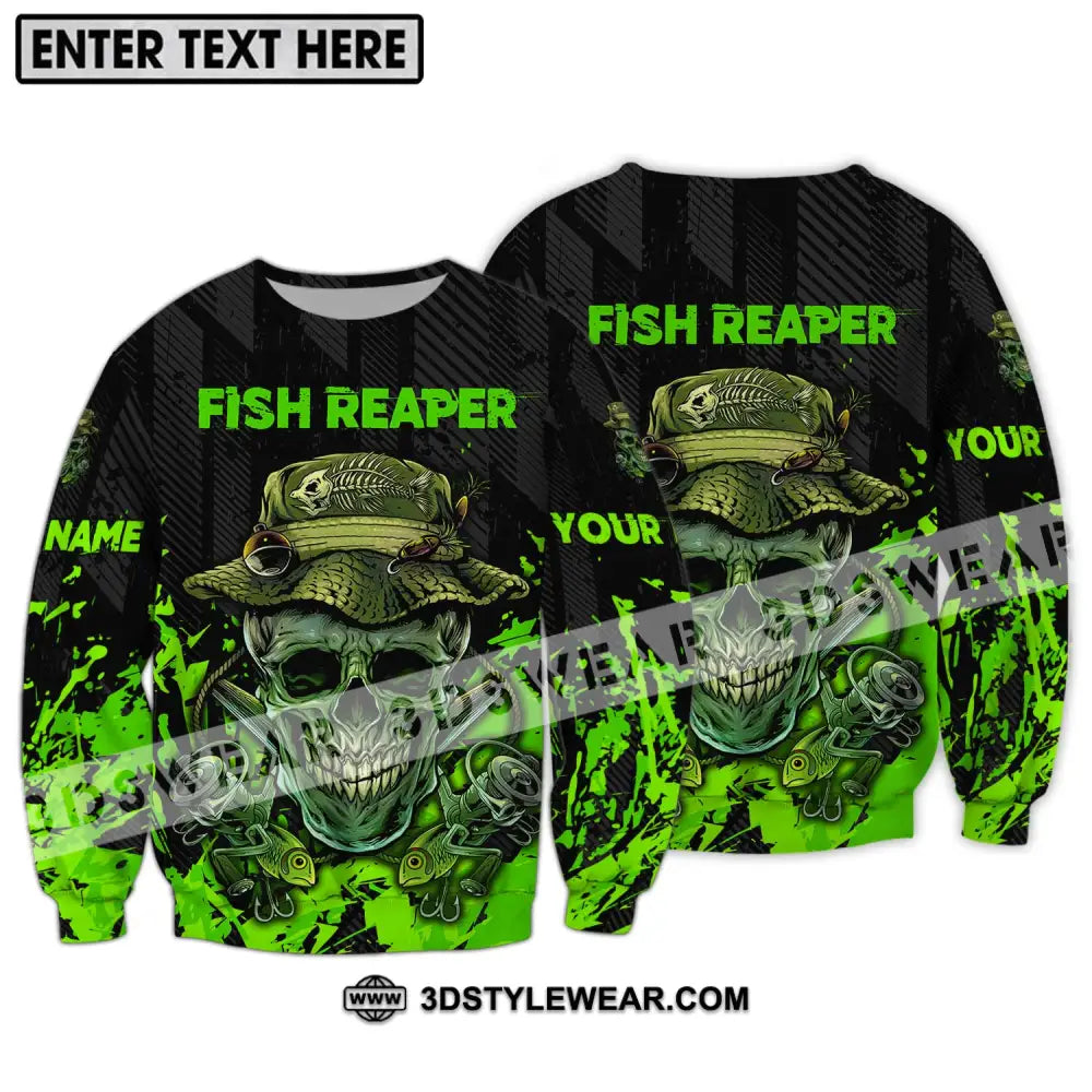 Unisex Shirt - Custom Name Fisher Fish Reaper Green Skull Long Sleeve / S T-Shirt