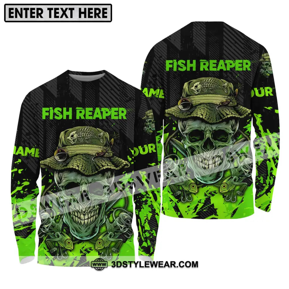 Unisex Shirt - Custom Name Fisher Fish Reaper Green Skull Long Sleeve / S T-Shirt